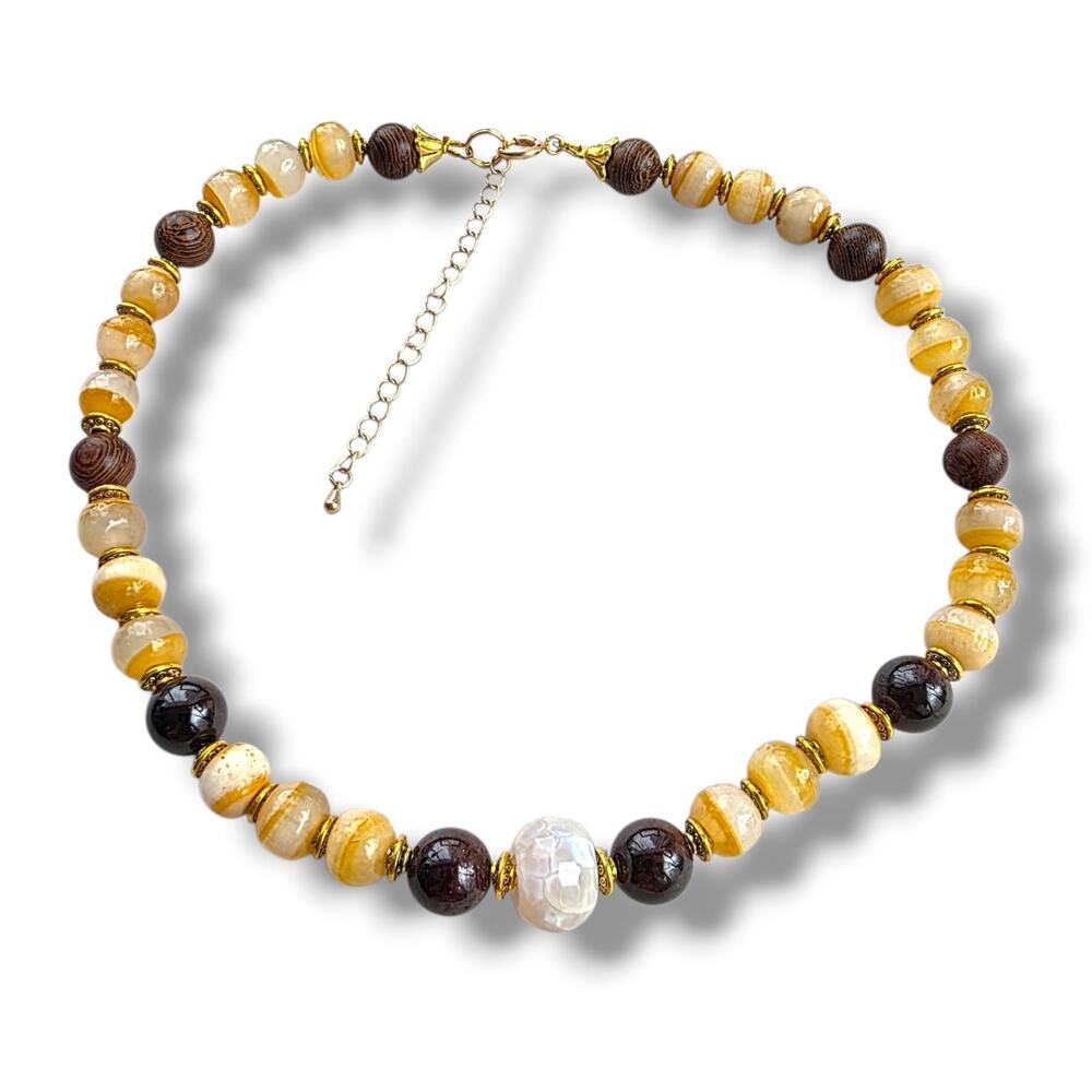 Handmade Artisan Necklace Genuine Yellow Agat Garnet Wood 14K Gold Plated Beaded